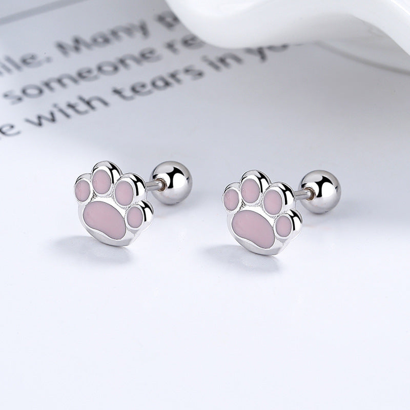 Women's 925 Sterling Silver Sweet Pink Cat's Paw Thread Stud Earrings