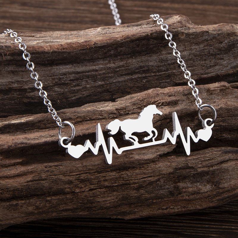 Running Horse Heartbeat ECG Necklace Women's Stainless Steel