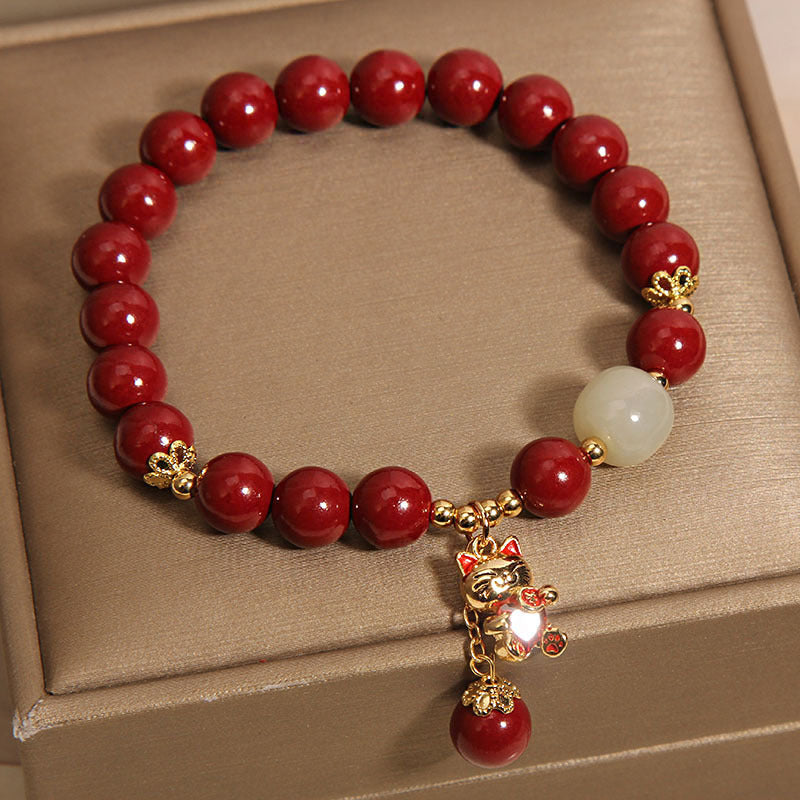 Cinnabar Beaded Lucky Cat Pendant Bracelet
