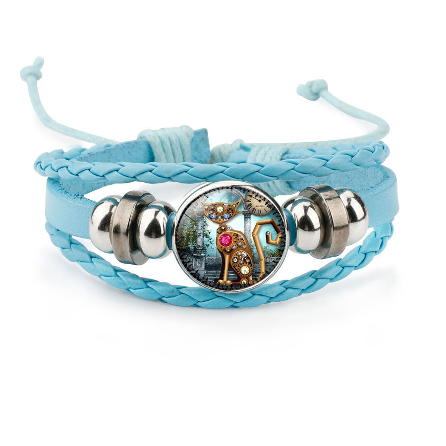 Gear Clock Steampunk Cat Time Stone Hand Weaving Bracelet