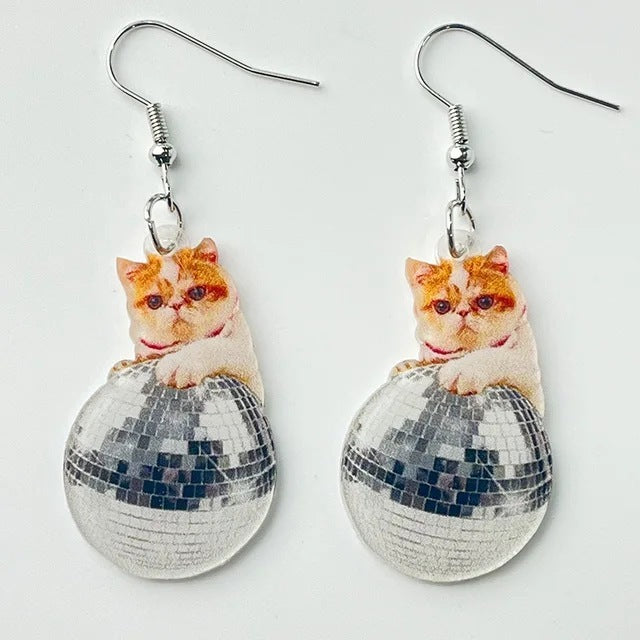 Funny Earrings Acrylic Cat Disco Laser Sphere Moon Alien Universe Fly