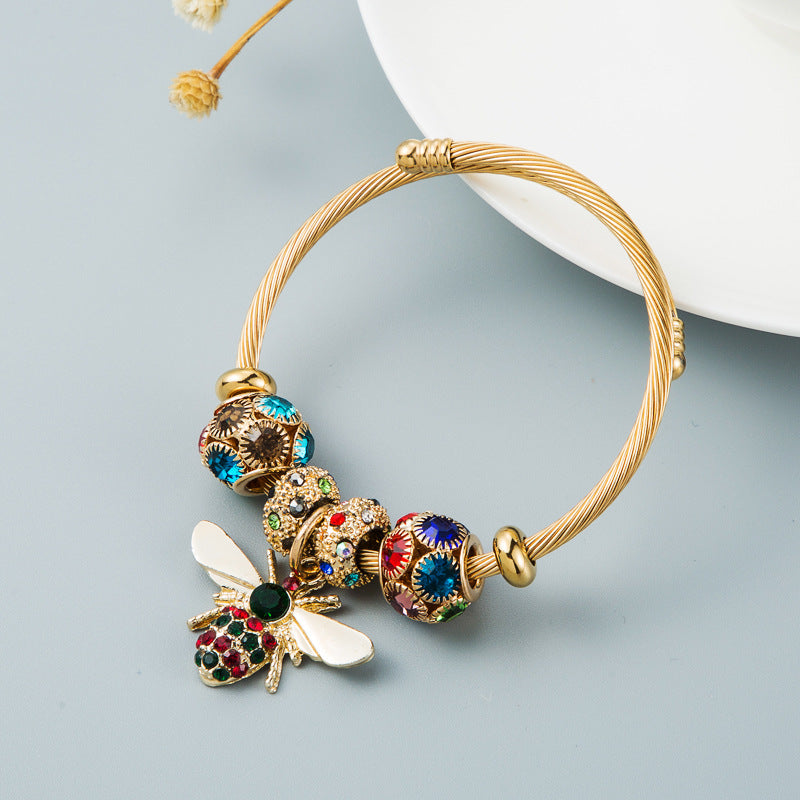 Women's Gold Shiny Diamond Adjustable Bee Bracelet