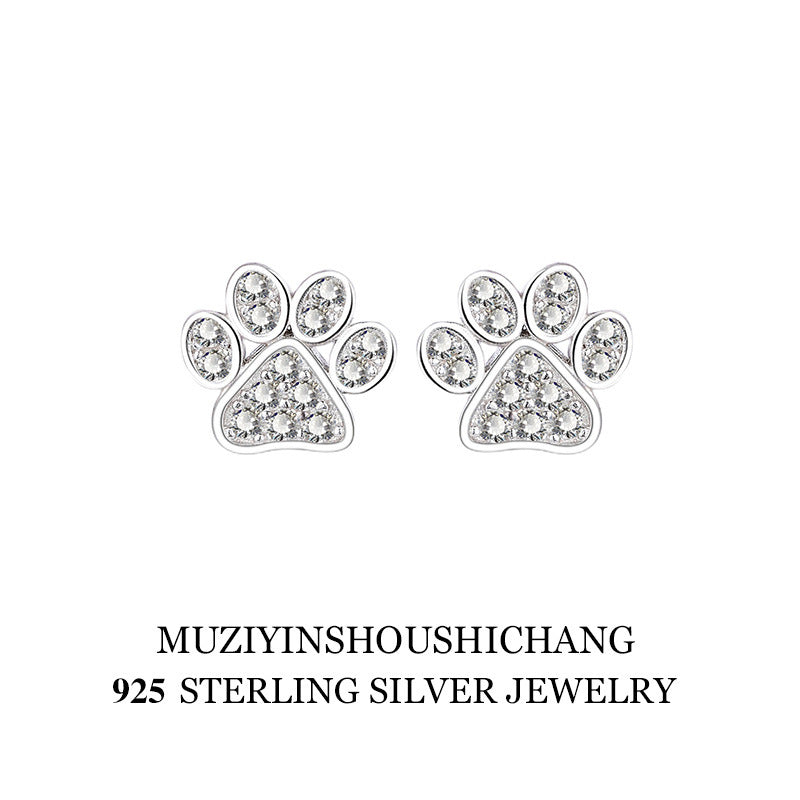 Full Diamond 925 Sterling Silver Cat's Paw Stud Earrings