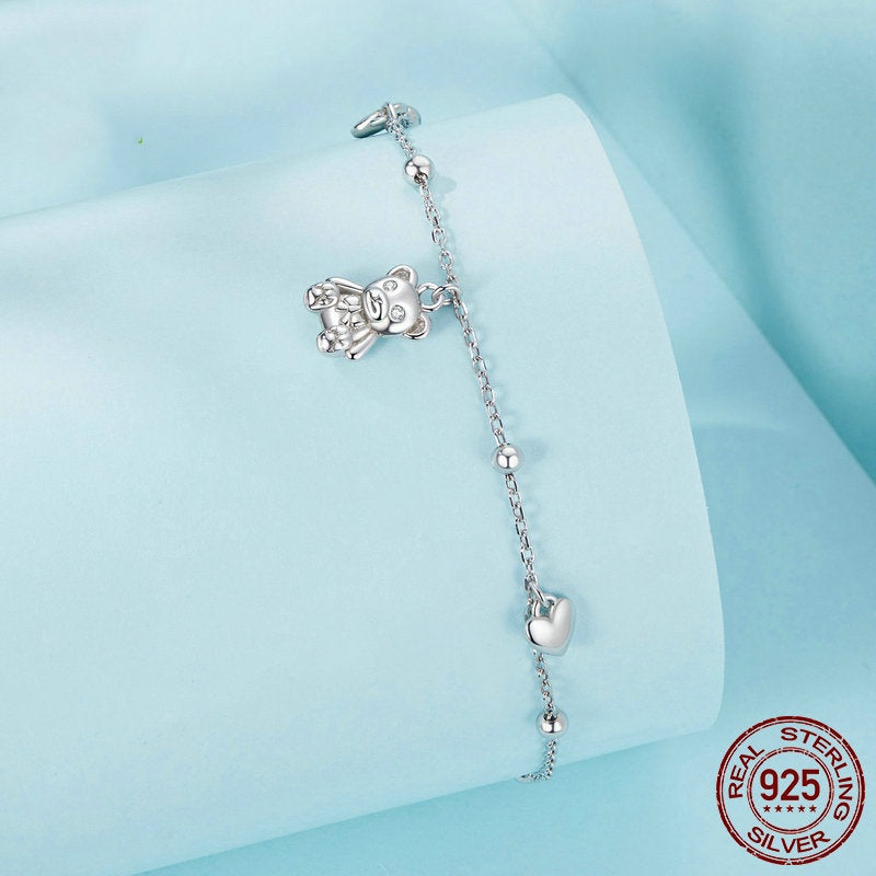 Simple S925 Loving Heart In Sterling Silver Bear Bracelet