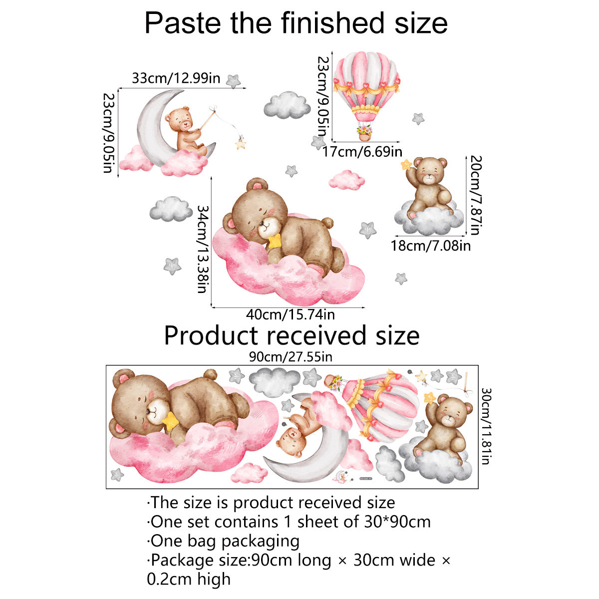 Cartoon Animal Bear Hot Air Balloon Self-adhesive Wall Sticker