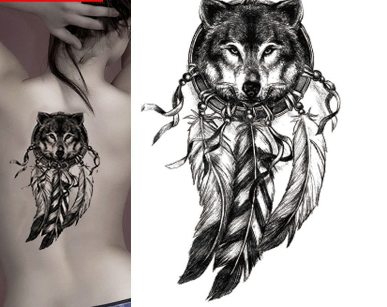 Black Wolf Head Dreamcatcher Fake Tattoo Sticker