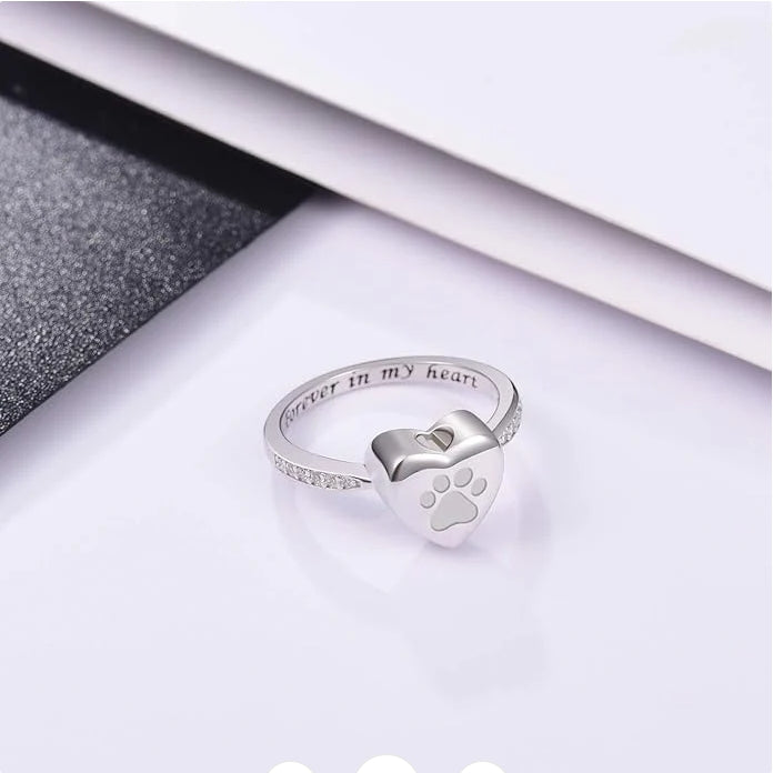 Love Heart Paw Print Urn Ring Pet Memorial Cremation Jewelry
