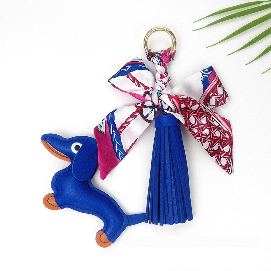 Tassel Leather Sausage Dog Pendant Bag Ornament Silk Scarf Keychain Schoolbag Pendant