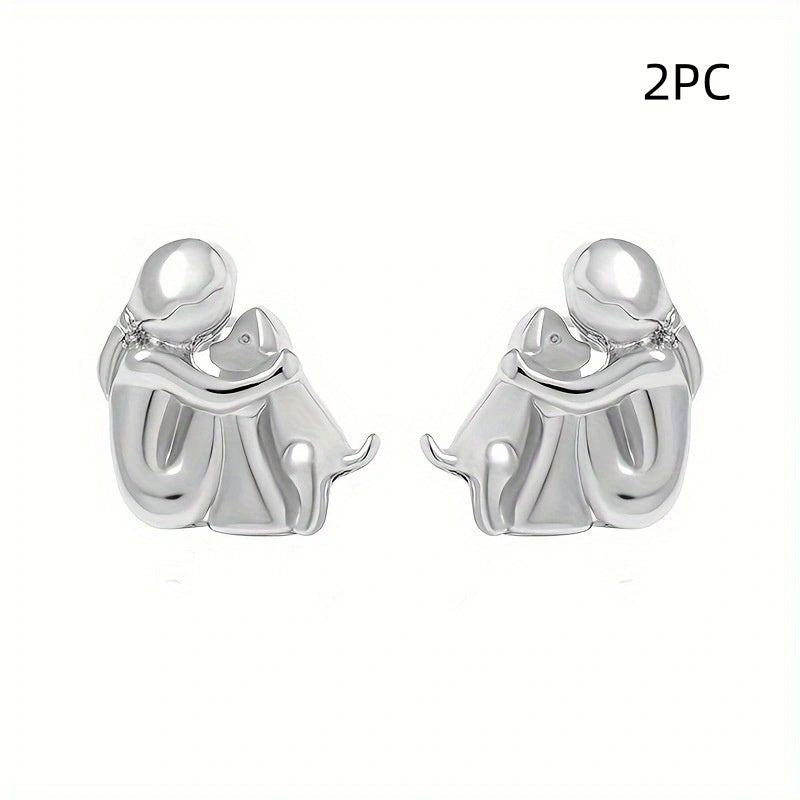 Fashion Jewelry Little Girl And Dog Hug Ear Studs