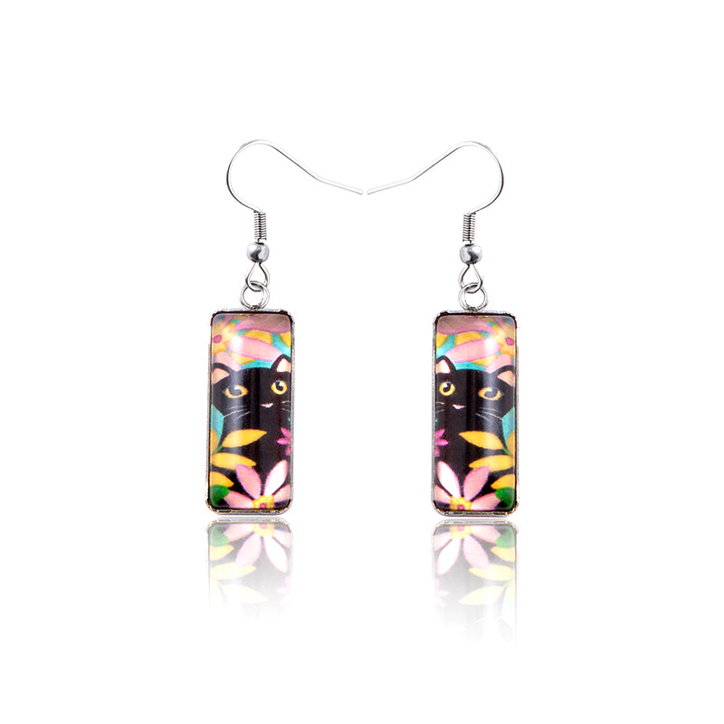 Heart-shaped Black Cat Rectangular Time Gemstone Earrings Creative Qquare Animal Earrings