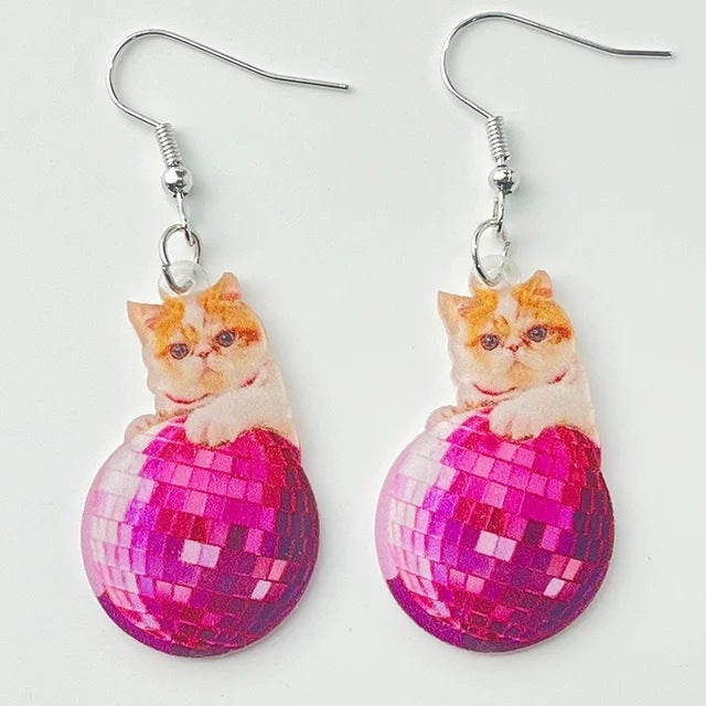 Funny Earrings Acrylic Cat Disco Laser Sphere Moon Alien Universe Fly