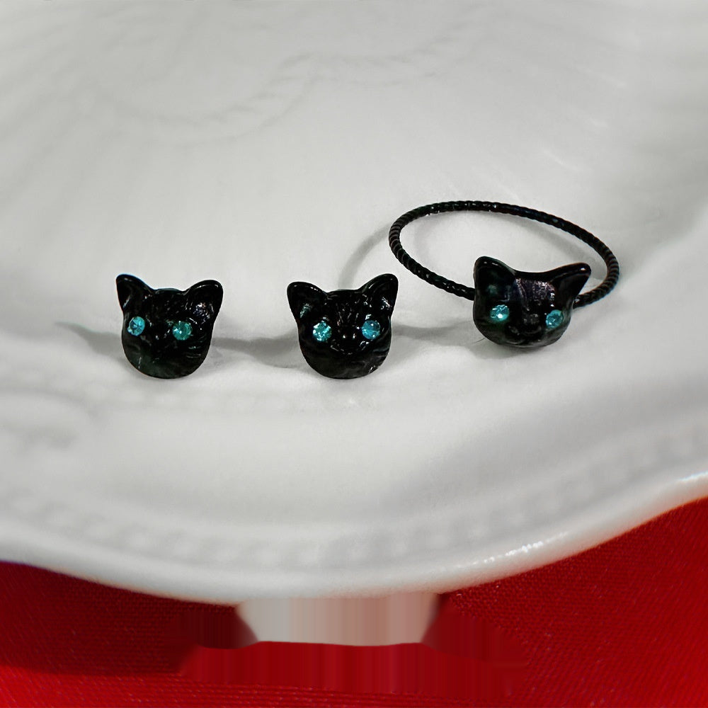 Creative Cartoon Black Kitten Ring And Earrings