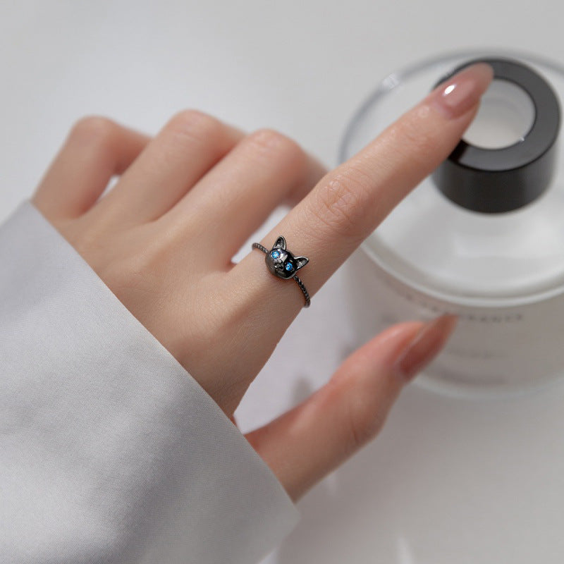Black Animal Cat Blue Diamond Twist Wreath Ring