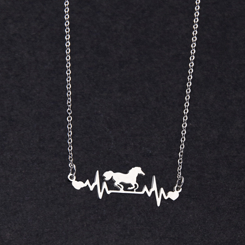 Running Horse Heartbeat ECG Necklace Women's Stainless Steel