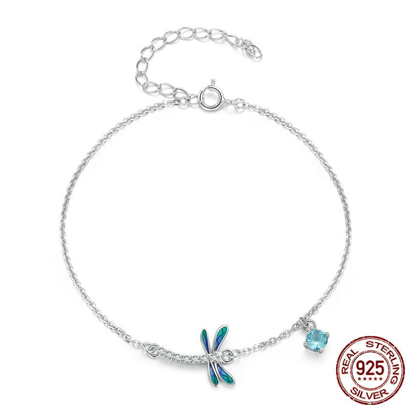 Sterling Silver White Gold Plated Dripping Zircon Dragonfly Bracelet