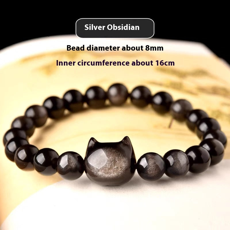 Obsidian Cat Natural Gold And Silver Stone Cat Head Bracelet