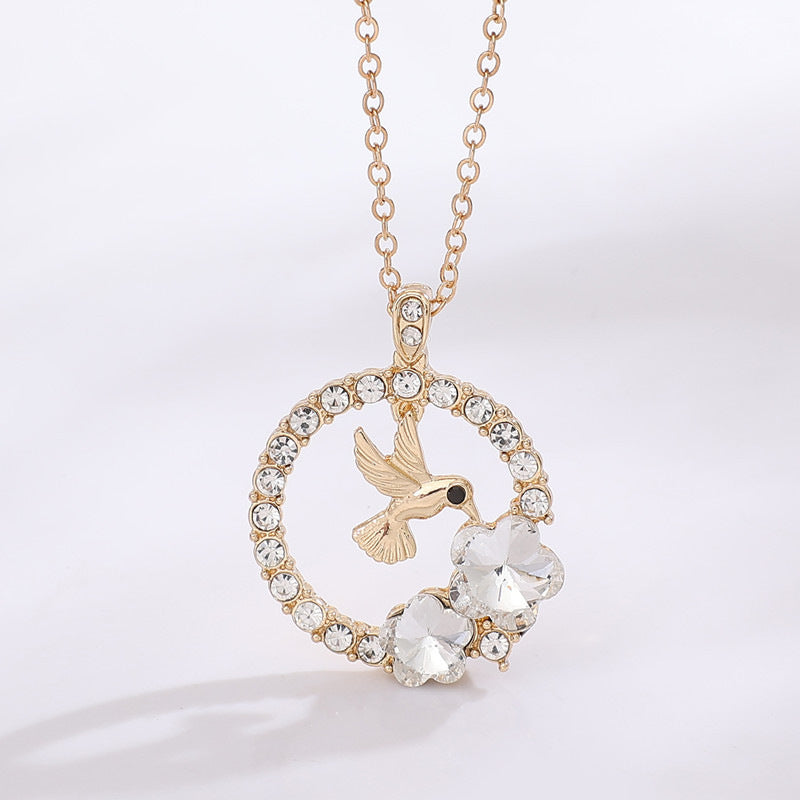 Women's Round Hummingbird Flower Pendant Necklace