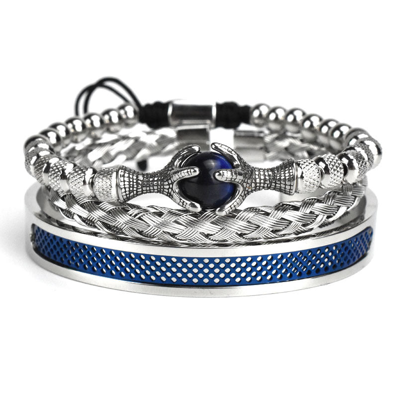 Retro Hollow Eagle Claw Tiger-shaped Stone Roman Letter Woven Stainless Steel Wire Mesh Bracelet Set