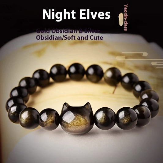 Obsidian Cat Natural Gold And Silver Stone Cat Head Bracelet