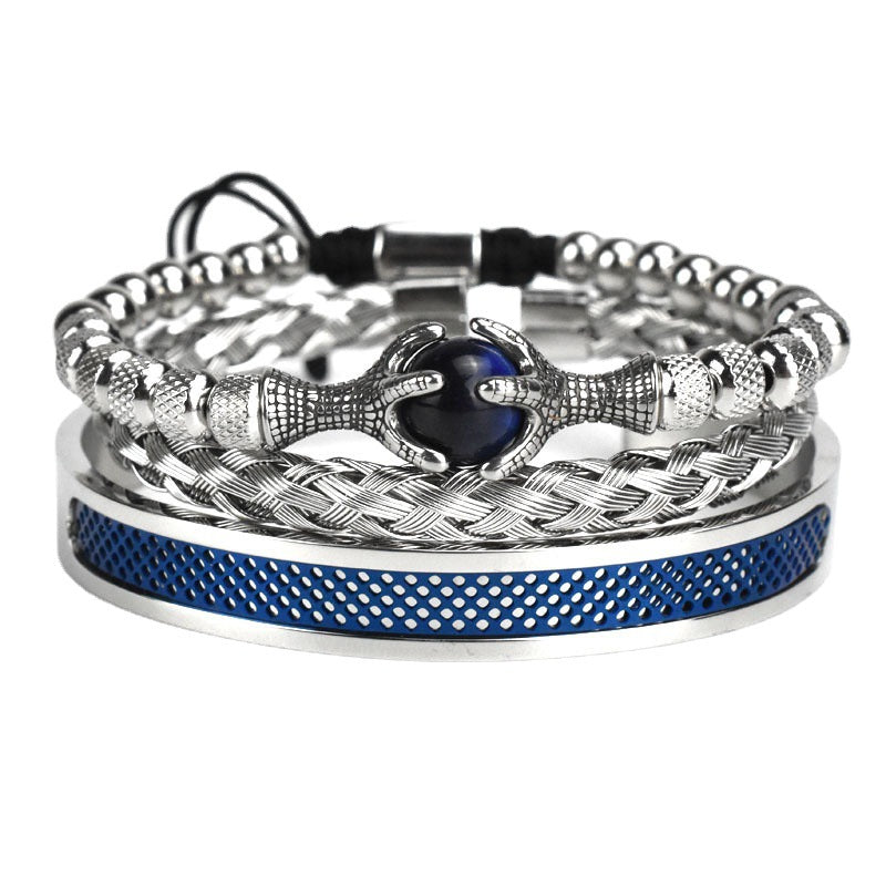 Retro Hollow Eagle Claw Tiger-shaped Stone Roman Letter Woven Stainless Steel Wire Mesh Bracelet Set