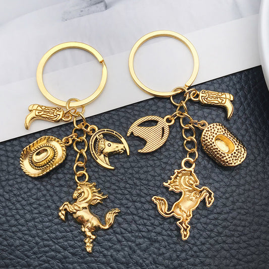 Ancient & Gold Western Cowboy Hat Boots Horse Keychain