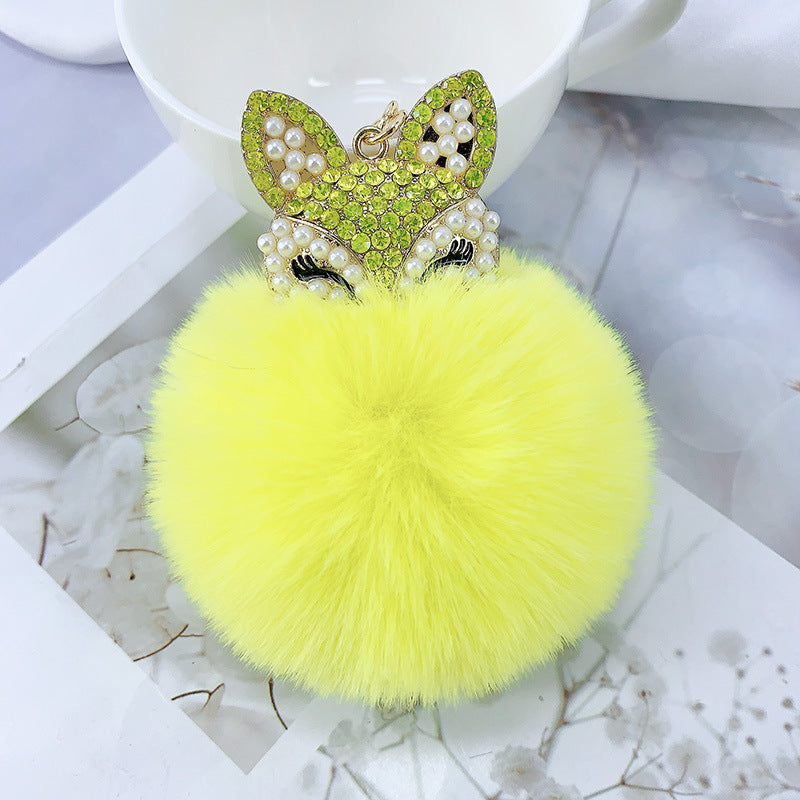 Alloy Pearl Rhinestone Fox Fur Ball Keychain Pendant