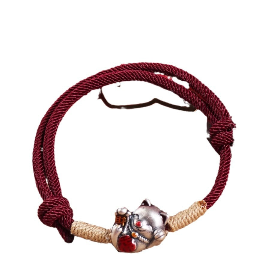 Hand-woven Lucky Cat Fu Character Tibetan Red Rope Bracelet For Women