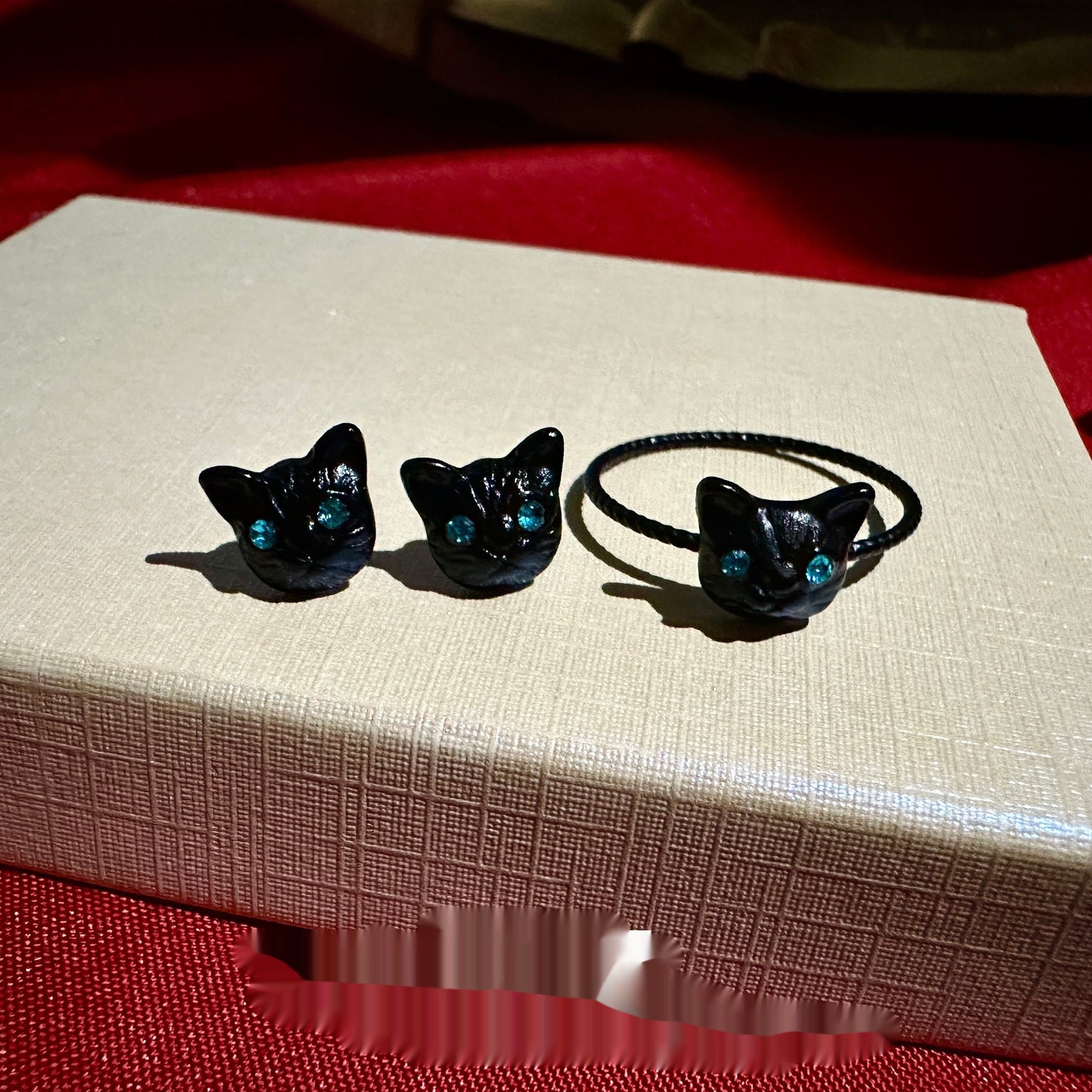 Creative Cartoon Black Kitten Ring And Earrings