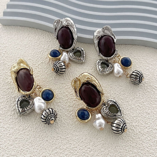 Retro Gemstone Animal Metal Pictogram Pendant Earrings