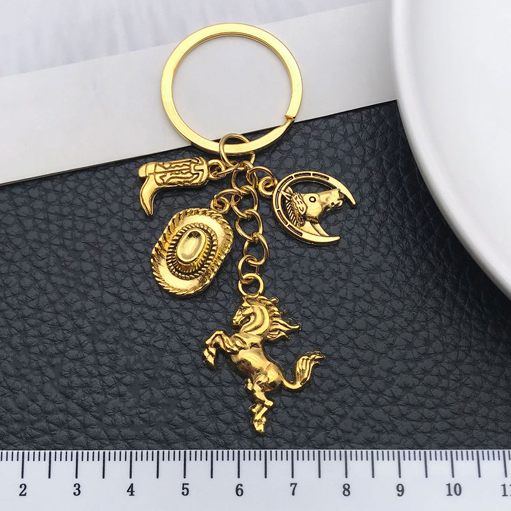 Ancient & Gold Western Cowboy Hat Boots Horse Keychain