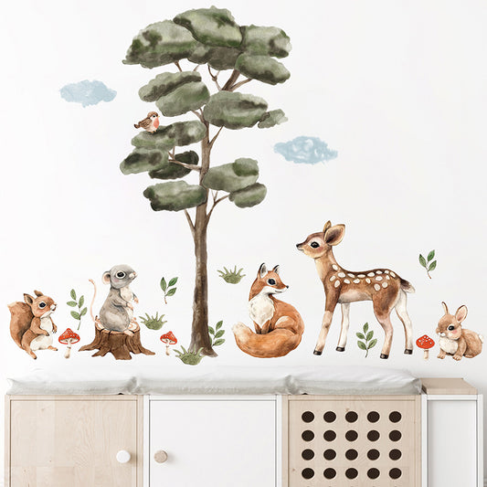 Cartoon Big Tree Cute Small Animal Self-adhesive Wall Sticker