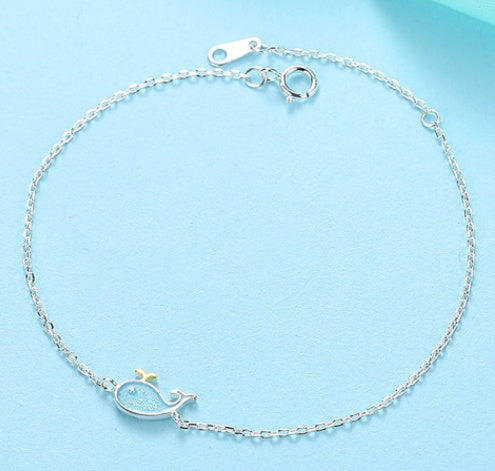 Cute Epoxy Blue Water Spray Small Whale Silver Bracelet Accessories Creative Gift Student Female