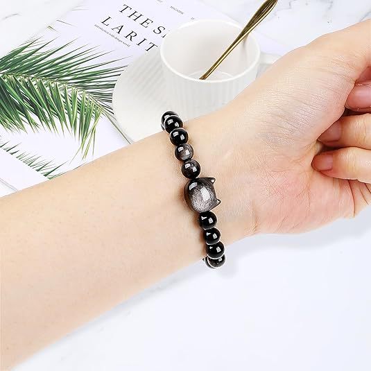 Cat Pendant Silver Stone Tigereye Amethyst Bracelet