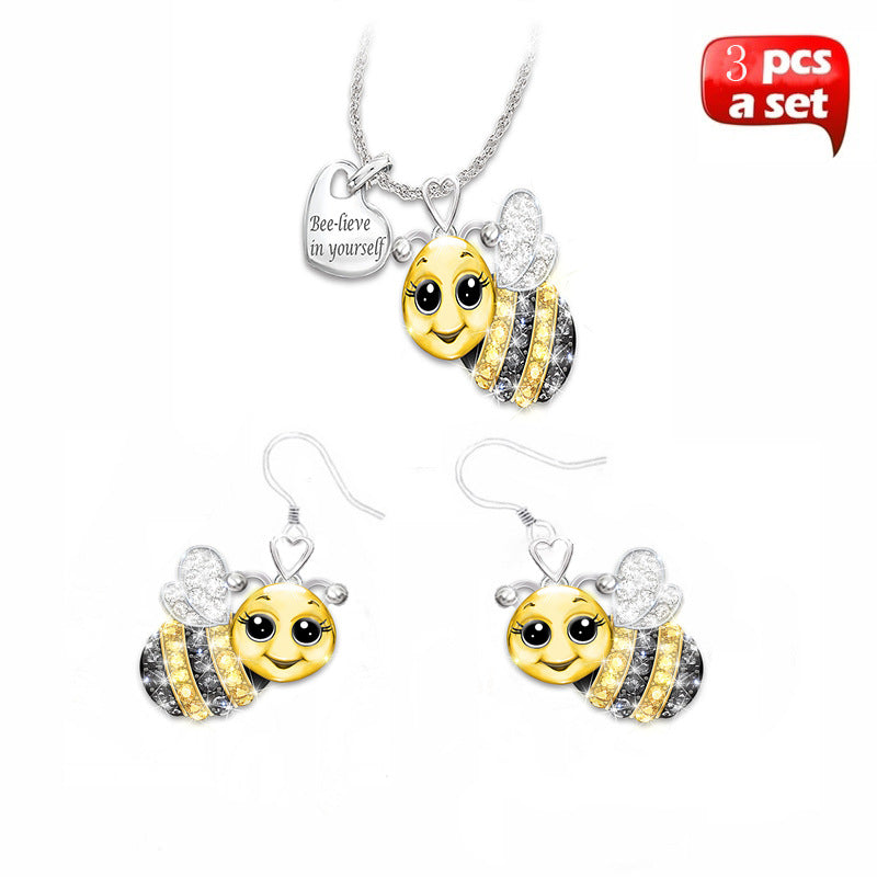 Two-tone owl bee necklace earring set
