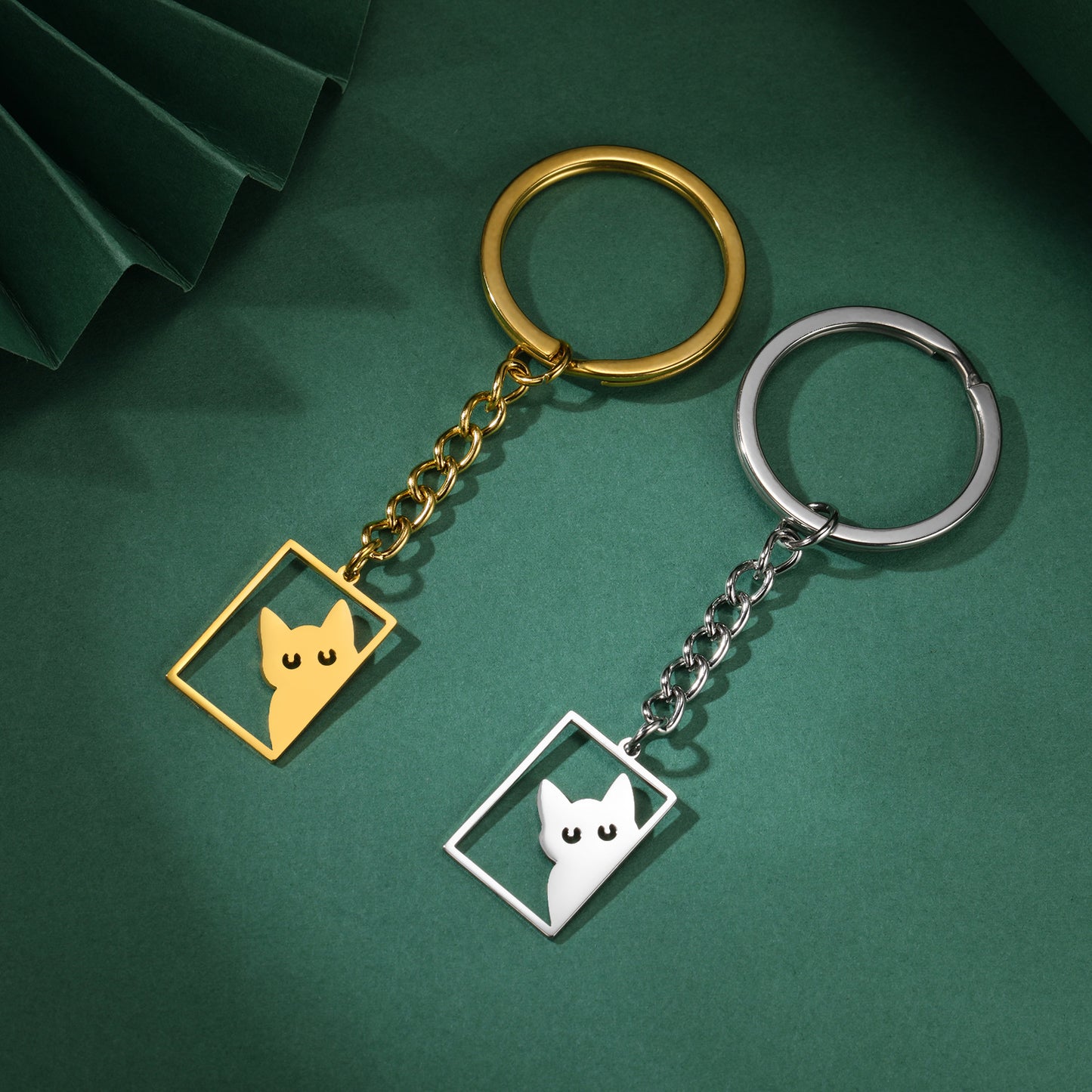 Kitten Rectangular Keychain Women's Stainless Steel