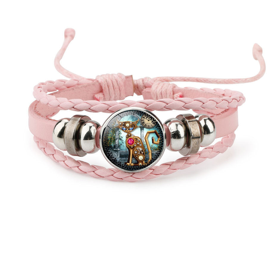 Gear Clock Steampunk Cat Time Stone Hand Weaving Bracelet