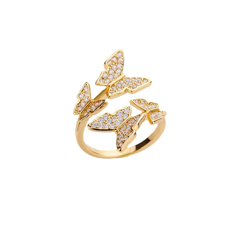 Personality Zircon Butterfly Ring Exquisite Three-dimensional Ring Adjustable Ring Open Ring Women
