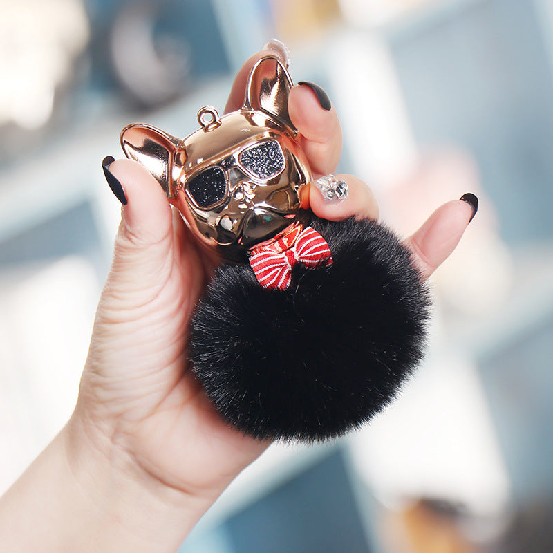 French Fighting Dog Car Ornaments Cute Dog Keychain Hair Ball Bag Pendant