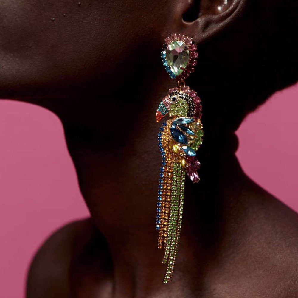 Fancy diamond animal-shaped parrot earrings