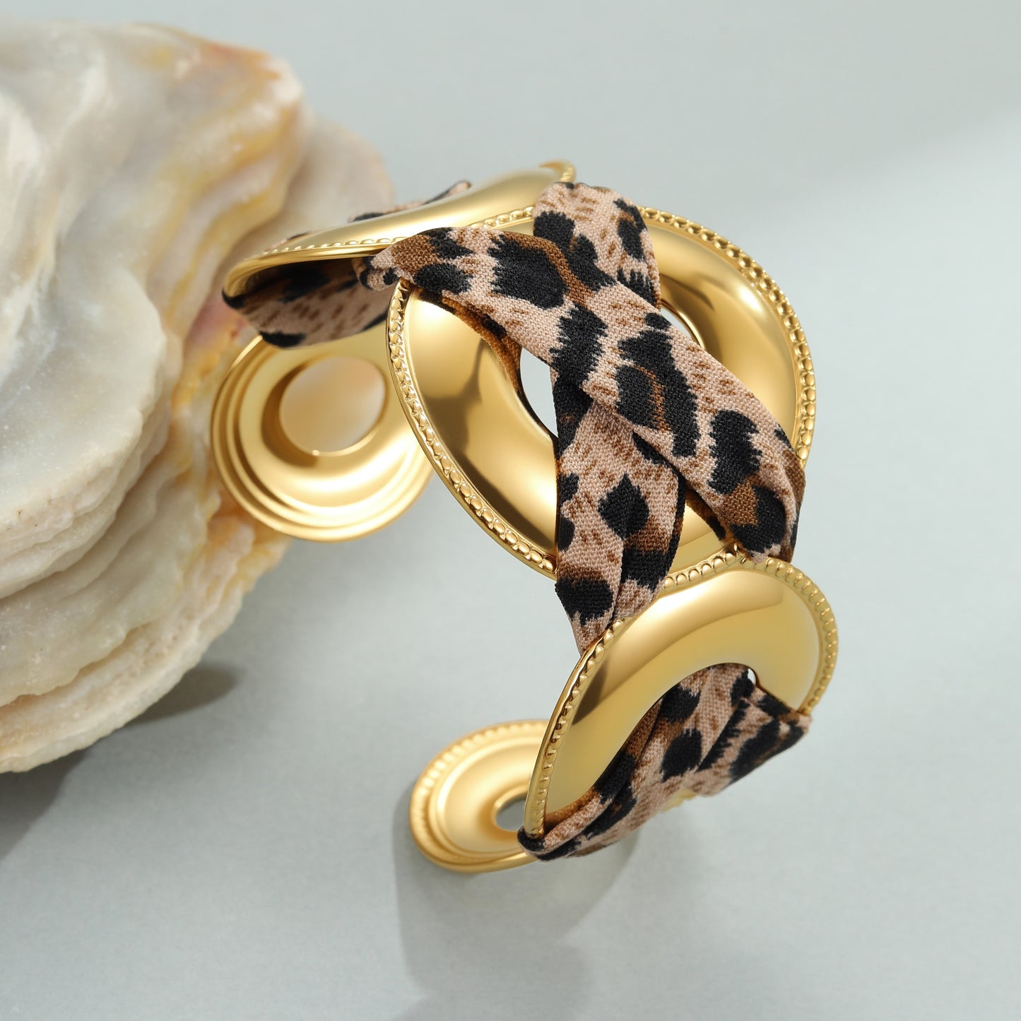 Leopard Ribbon Stainless Steel Bracelet Gold-plated Wide Version