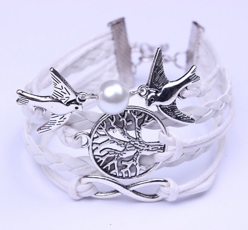 Vintage Peace Dove Pearl Life Tree 8 Words Endless Braided Bracelet Bracelet