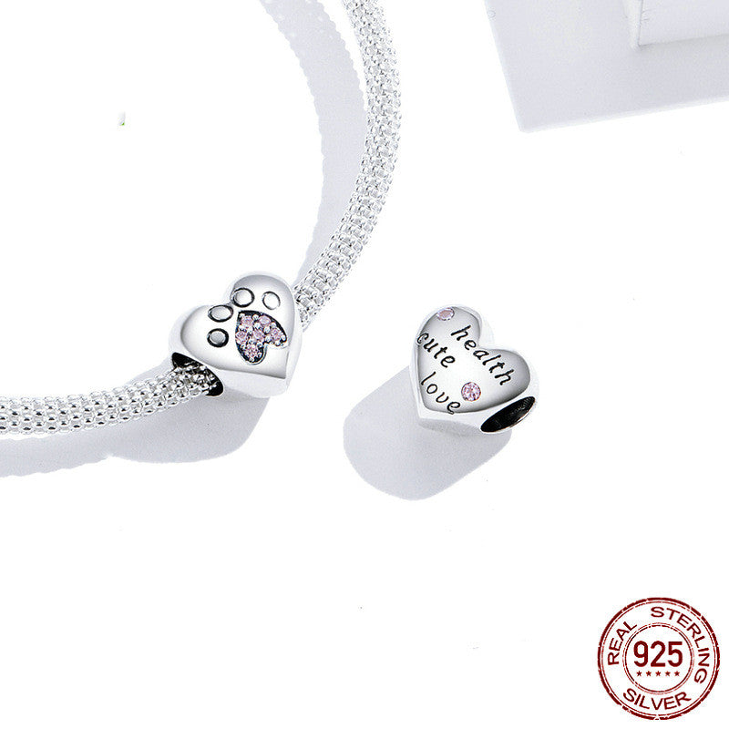 S925 Sterling Silver Heart-shaped Paw Print Bracelet Beaded