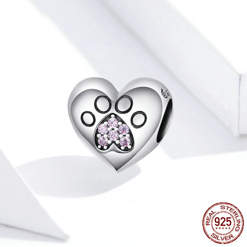 S925 Sterling Silver Heart-shaped Paw Print Bracelet Beaded