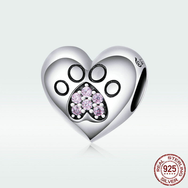S925 Sterling Silver Heart-shaped Paw Print Bracelet Beaded