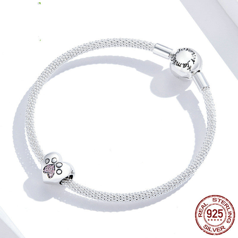 S925 Sterling Silver Heart-shaped Paw Print Bracelet Beaded