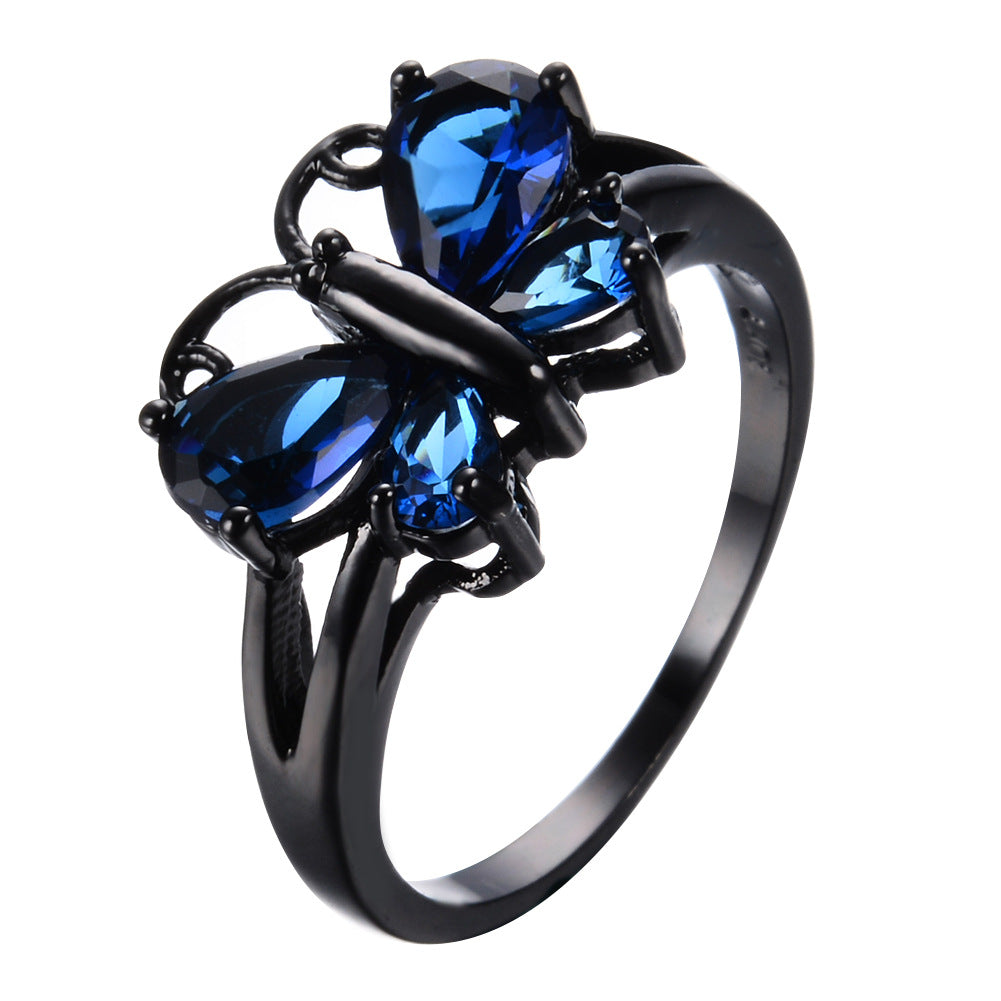 Small Animal Trend Black Gold Blue Zircon Butterfly Ring