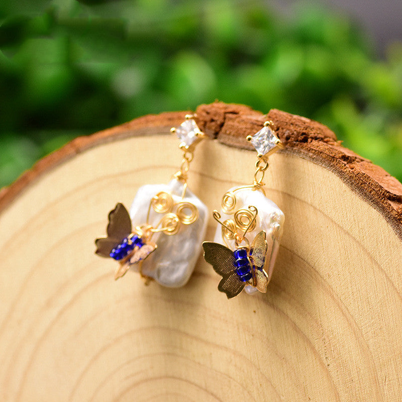 Original 925 Silver Natural Baroque Square Pearl Animal Butterfly Earrings