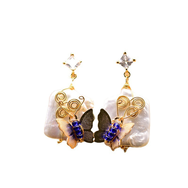 Original 925 Silver Natural Baroque Square Pearl Animal Butterfly Earrings