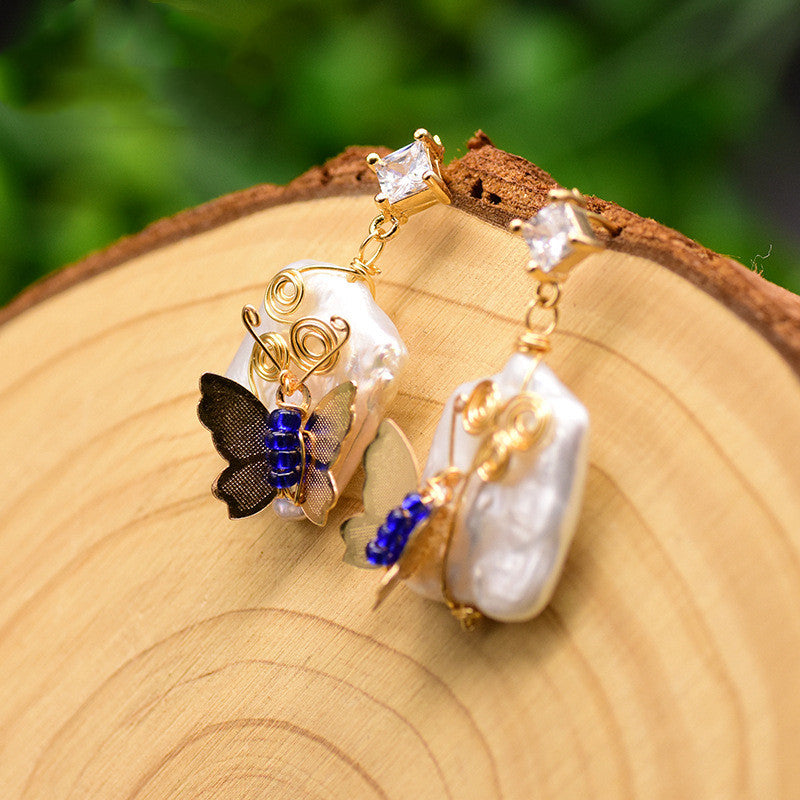 Original 925 Silver Natural Baroque Square Pearl Animal Butterfly Earrings