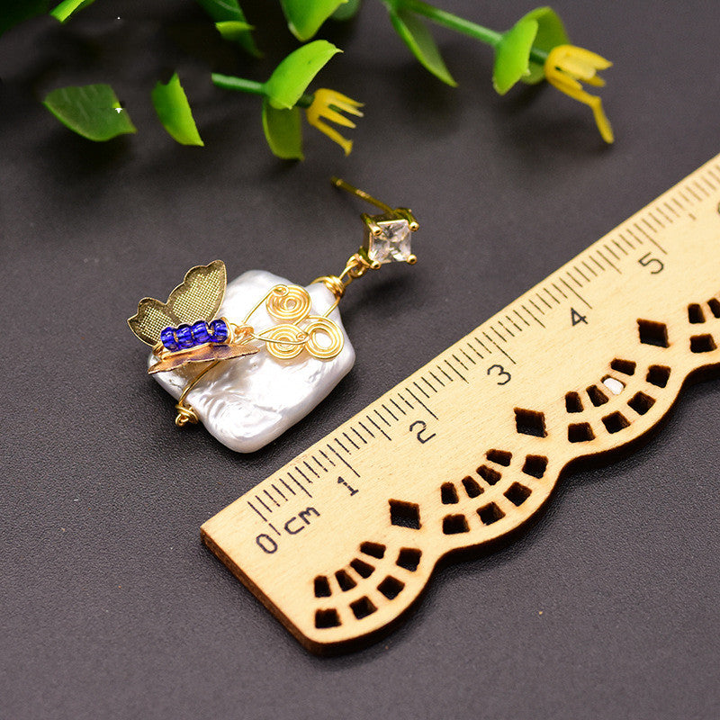 Original 925 Silver Natural Baroque Square Pearl Animal Butterfly Earrings